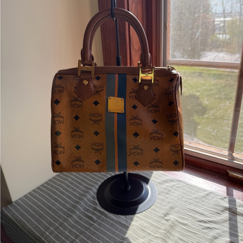 MCM Cognac Monogram Boston Bag with Gold Accents Limited Edition